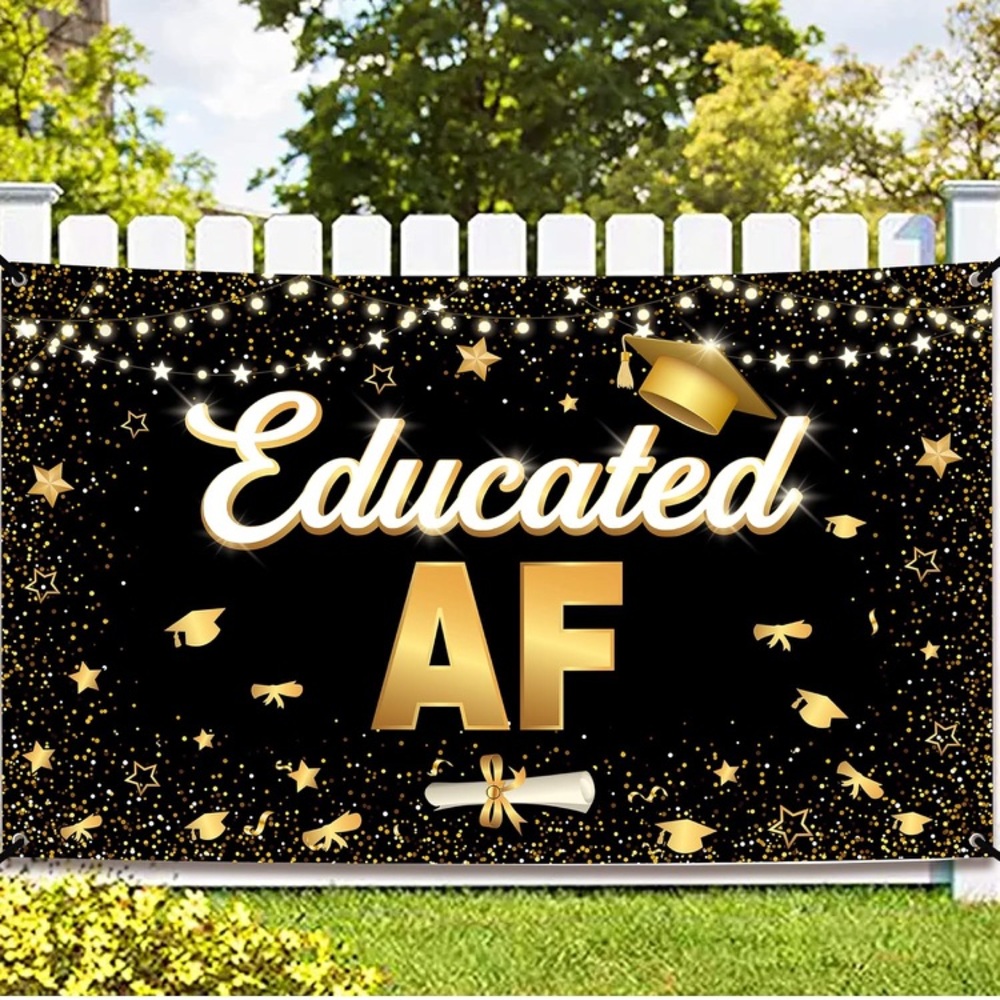 💜72X44”XtraLarge Educated AF Wall Banner -Graduation Banner, Black and Gold